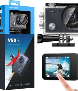 AKASO V50X Native 4K30fps WiFi Action Camera with EIS Touch Screen 4X Zoom 131 feet Waterproof Camera Support External Mic Remote Control with Helmet Accessories (Without 64GB MicroSD Card)